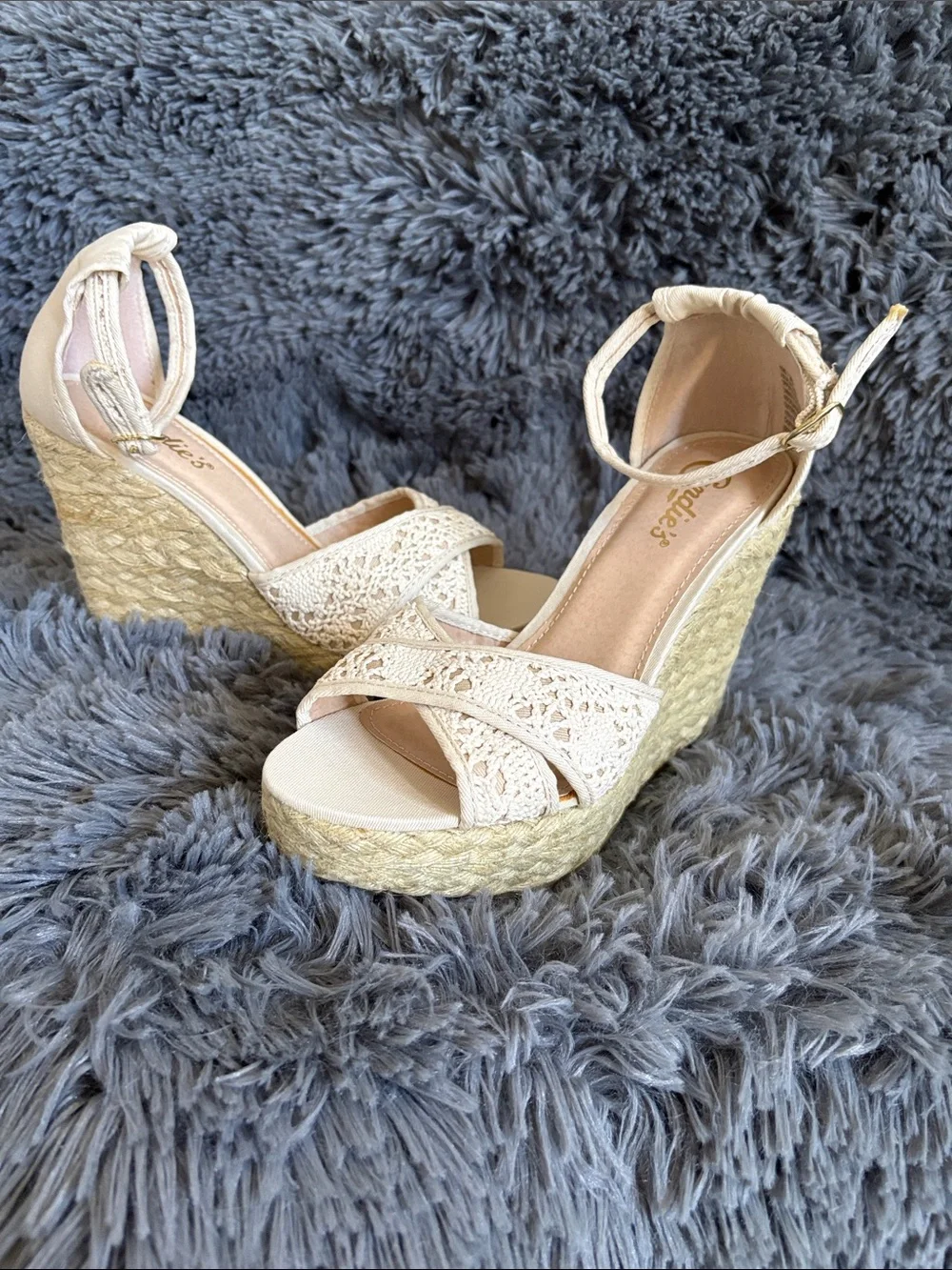 Candie's Cream Crochet Espadrille Wedge Sandals with Jute Platform